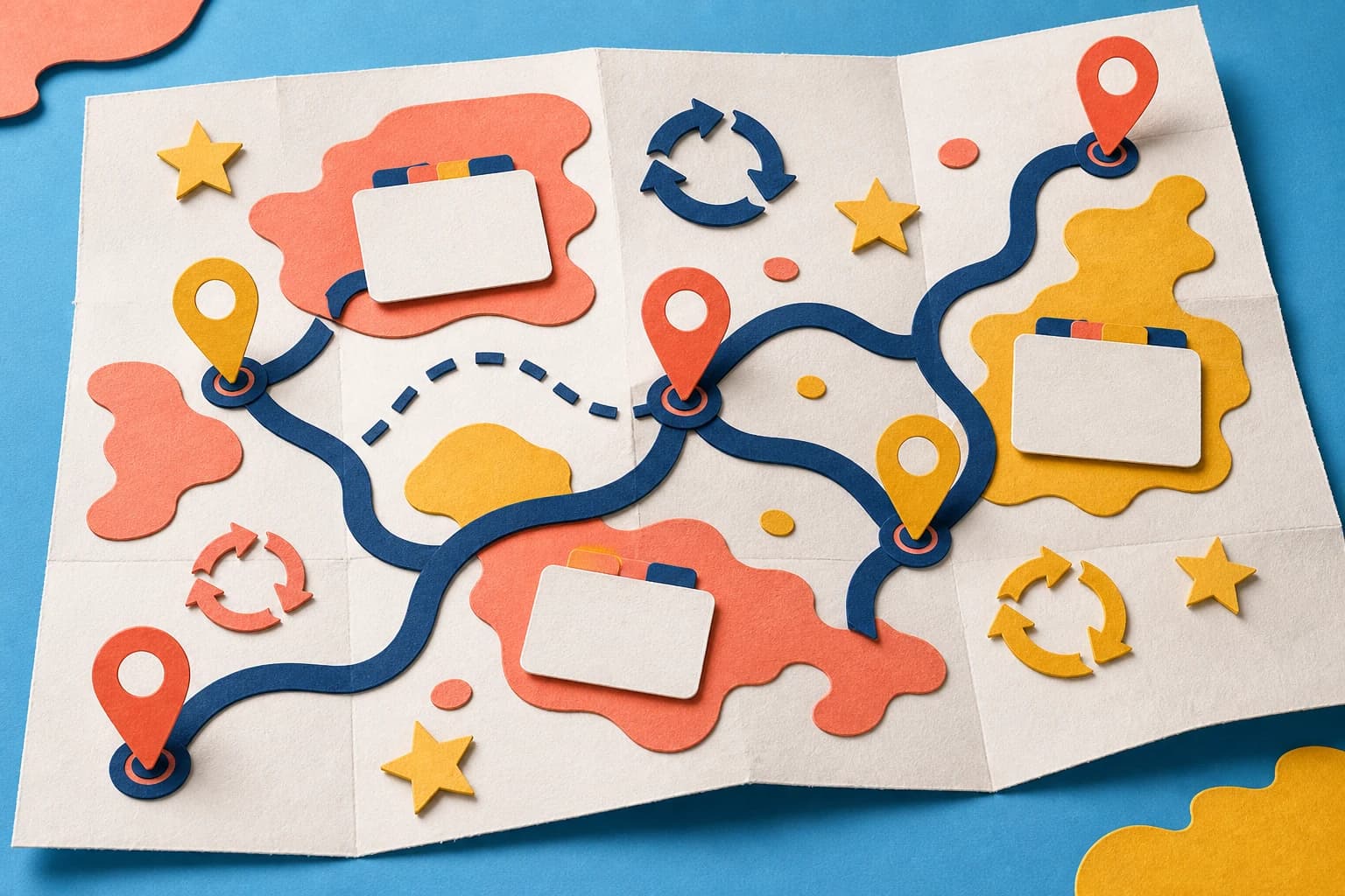 Paper map with connected routes, markers, cards, and stars