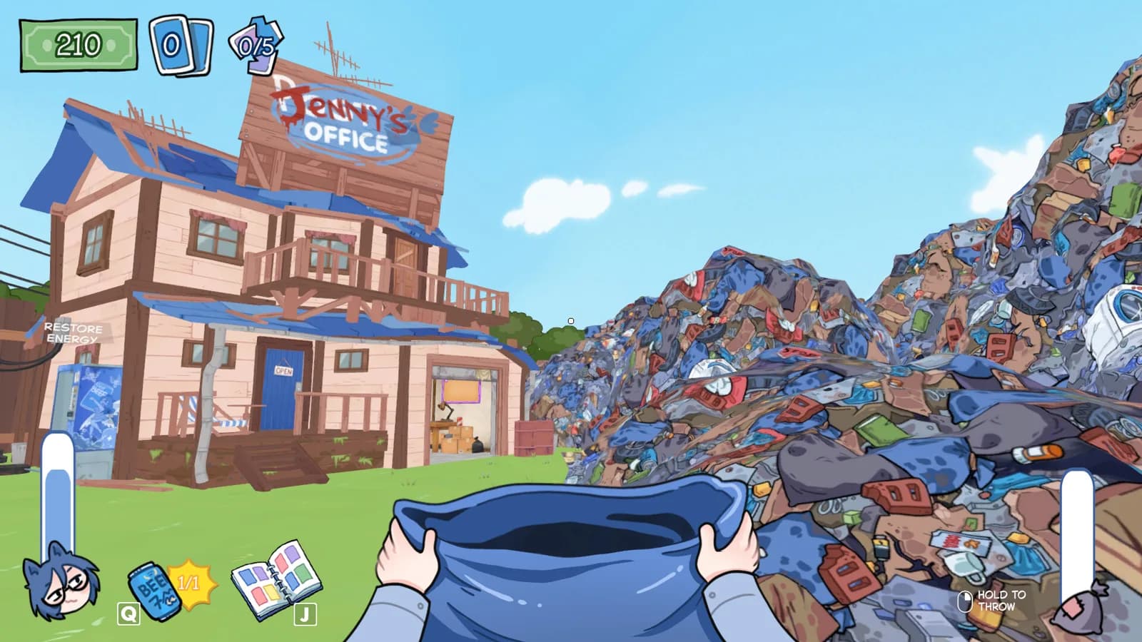 KOTAMON gameplay outside Jenny's Office, showing the dump, a garbage bag and the collection UI